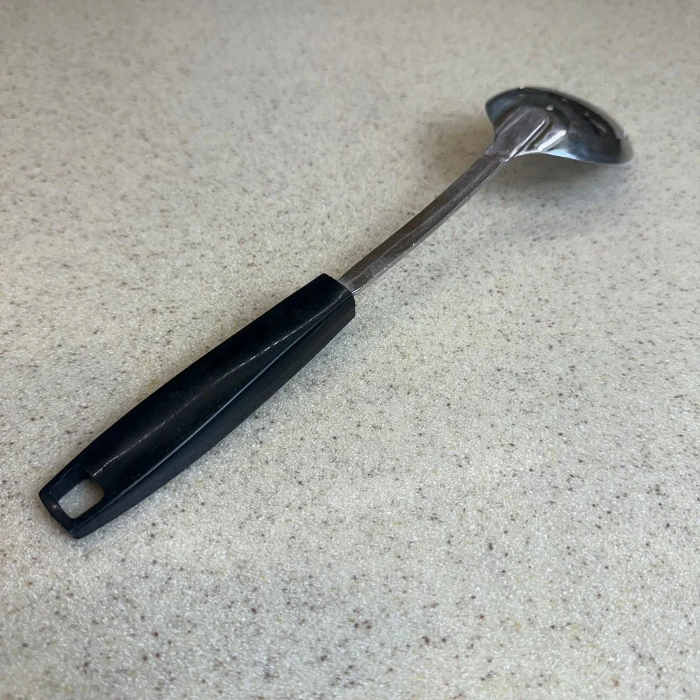 Vintage EKCO Slotted Spoon Chromium Plated Black Handle USA Kitchen Utensil